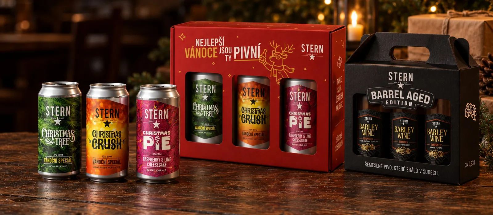 Vánoční dárková sada Stern a Barrel Aged Edition na dřevěném stole